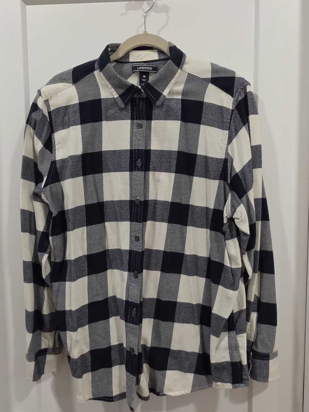 Lands' End Navy and White Buffalo Plaid Women's Button-Down Shirt